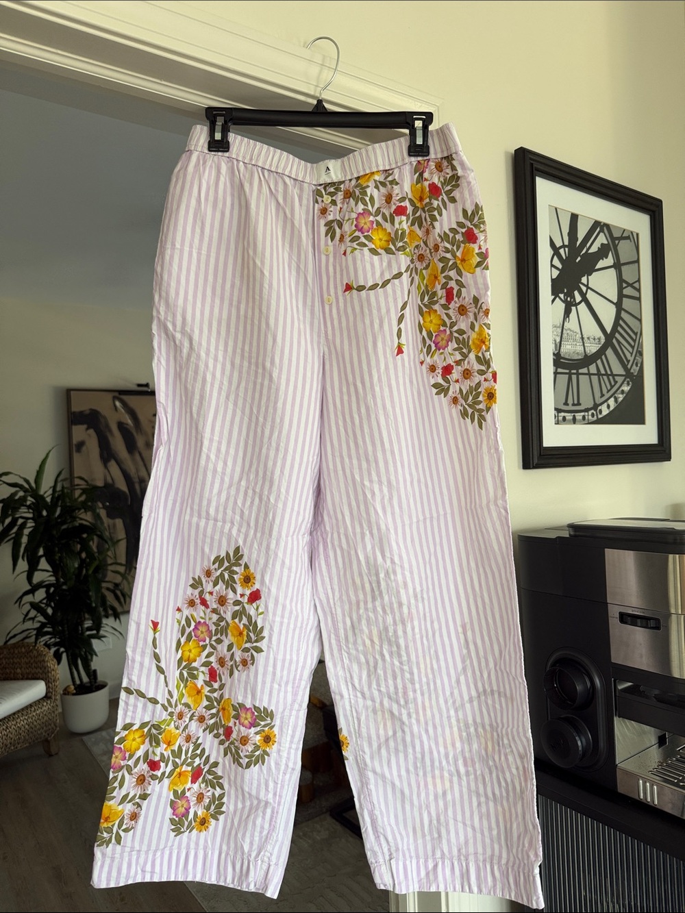 Anthropologie Floral Embroidered Pink Stripe Wide-Leg Pants.  100% cotton!